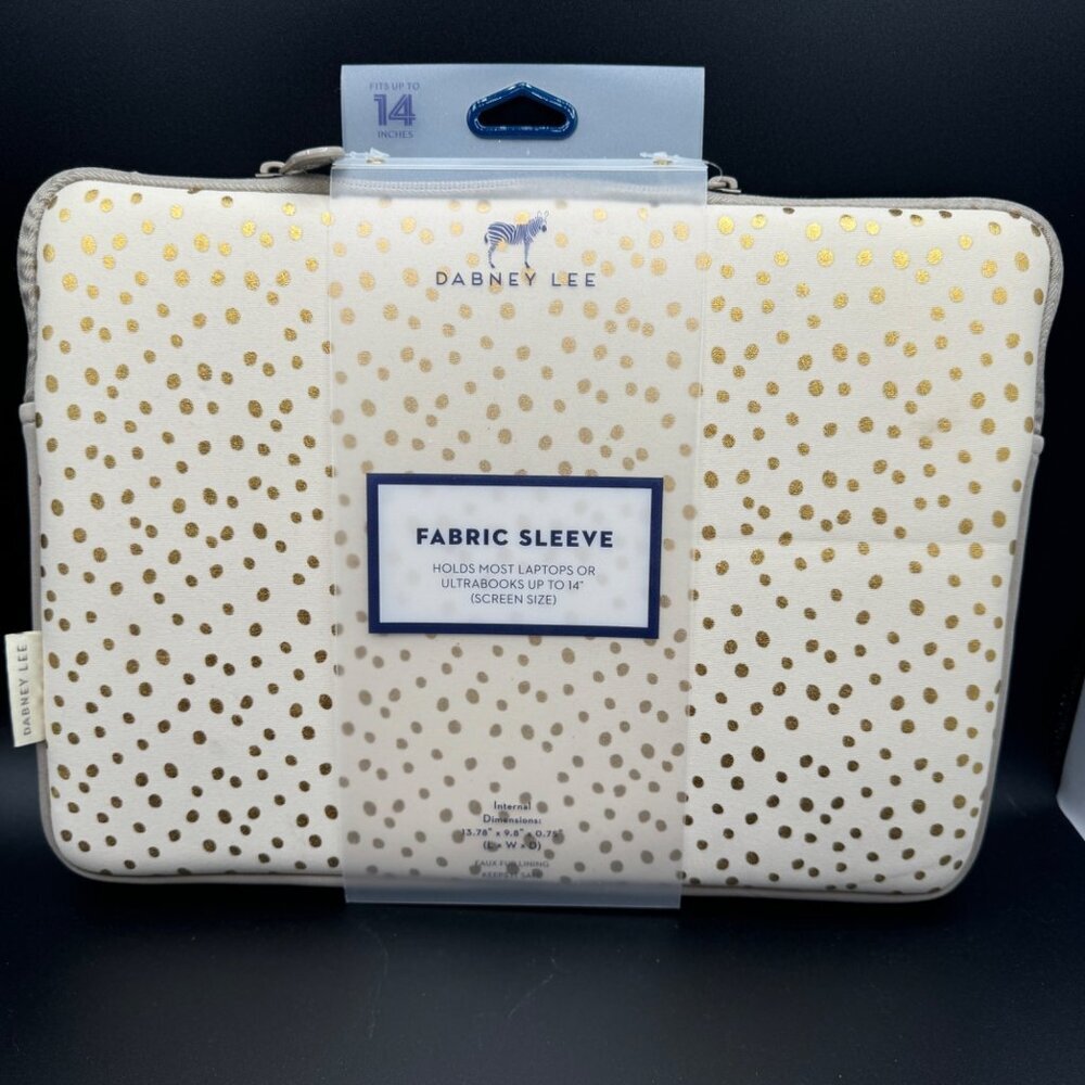 Dabney Lee fabric sleeve for laptops or Ultrabooks 14” white gold polka dots vel